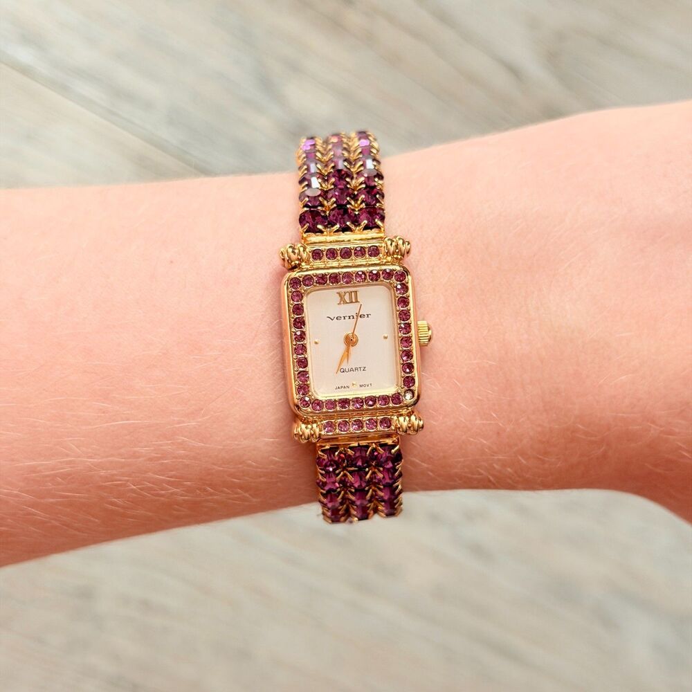 Vintage Vernier Purple Rhinestone Gold Bracelet Watch Y2K Glam Crystal Jewelry